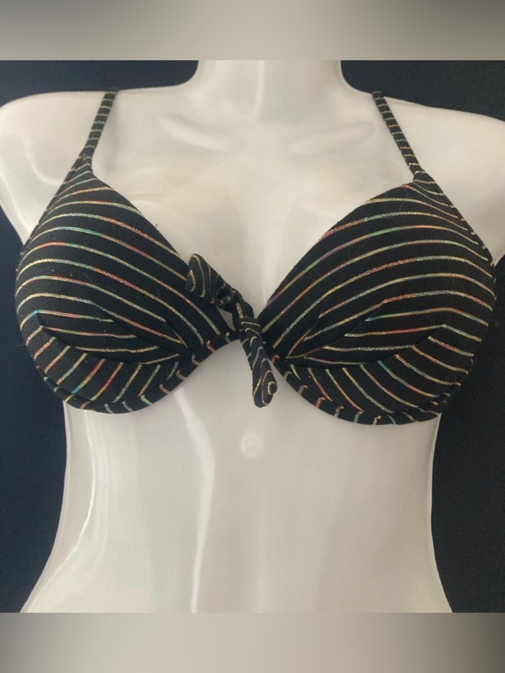 Body Glove Black Metallic Stripe Bikini Top 36C Y2K